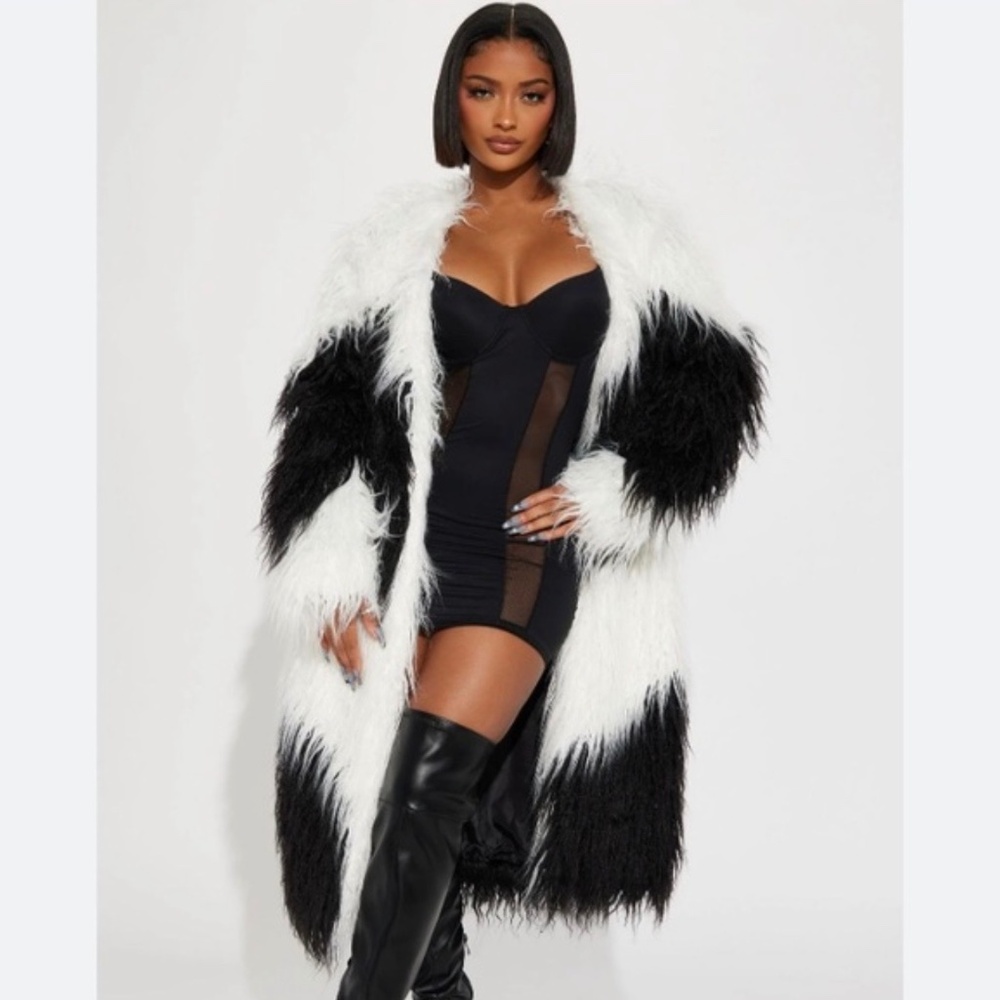 Fashion Nova Divine Faux Fur Coat in a black and white colorway